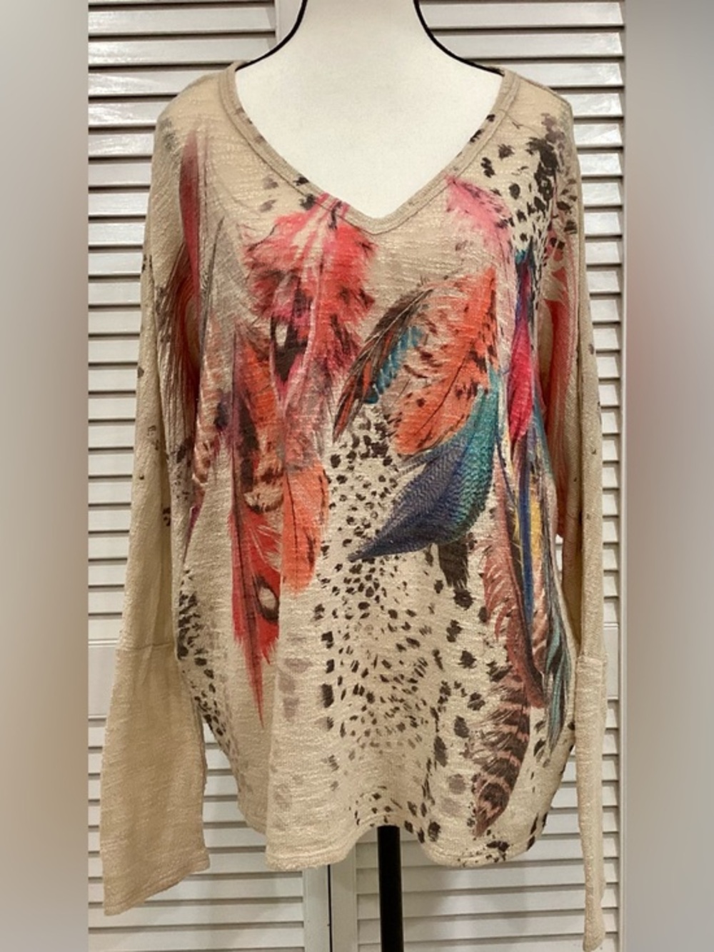 Vintage Feather & Cheetah Print Knit V Neck Slouchy Top Made in USA Large-XL